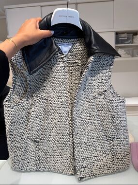 Bottega Veneta Cream & Black Bouclé Vest with Leather Collar